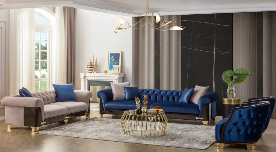 Nish Blue Metal Leg Sofa Set