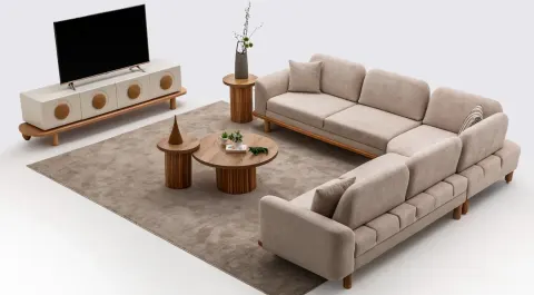 İnci Wooden Leg Corner Sofa Set