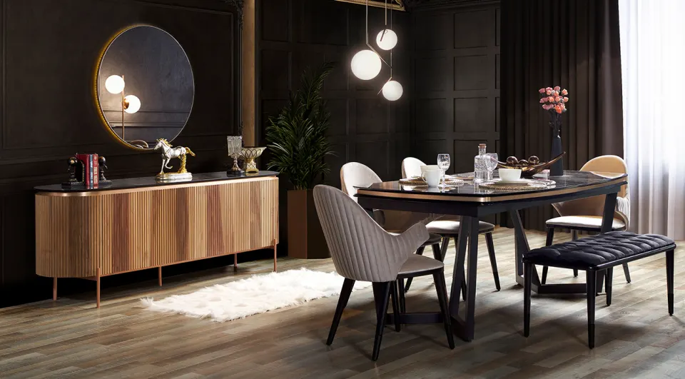 Tesla Metal Leg Walnut Dining Room Set