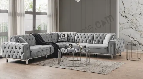  New Tema Silver Metal Leg Corner Sofa Set