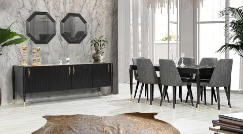 Eliza Black Marble Patterned Dining Room Set
