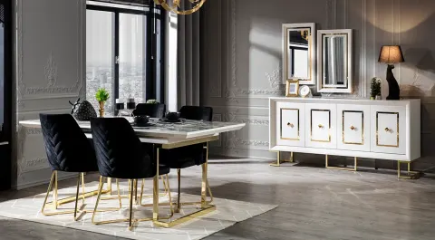 Duru Marble Patterned Metal Leg Dining Room Set (White)