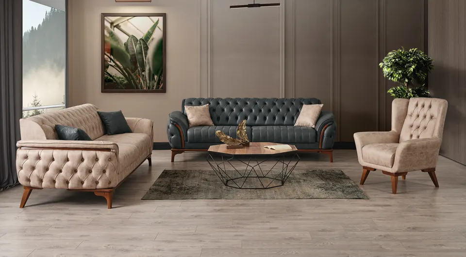 Alyans Cream Wooden Leg Sofa Set