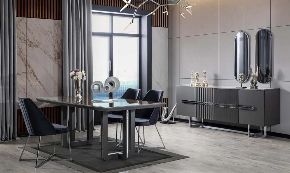 Zala Anthracite Marble Patterned Ayaklı Dining Room Set