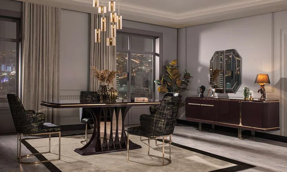 Bergama Mürdüm Metal Leg Dining Room Set