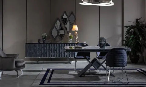 Yaprak Anthracite Metal Leg Dining Room Set