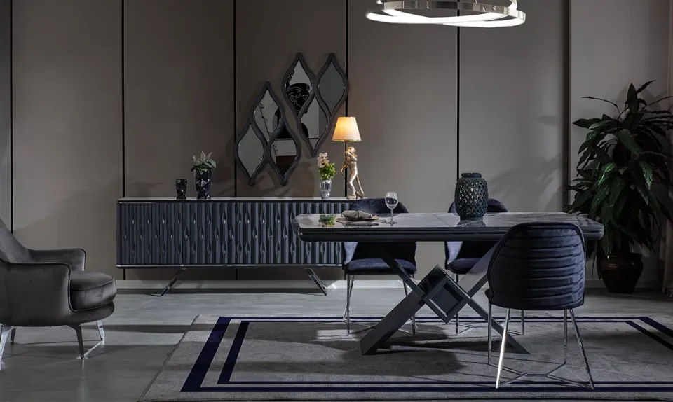 Yaprak Anthracite Metal Leg Dining Room Set