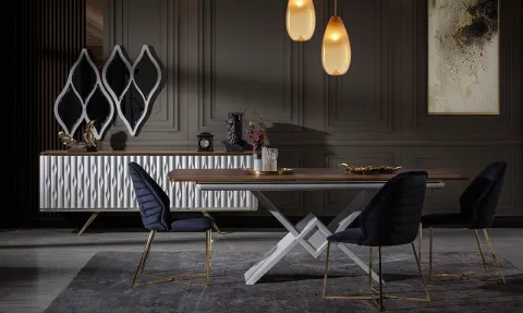 Yaprak Moonstone Metal Leg Dining Room Set