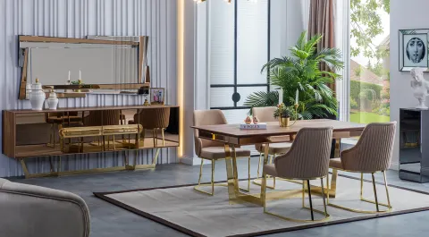 Nest Gold Metal Leg Dining Room Set(Walnut)