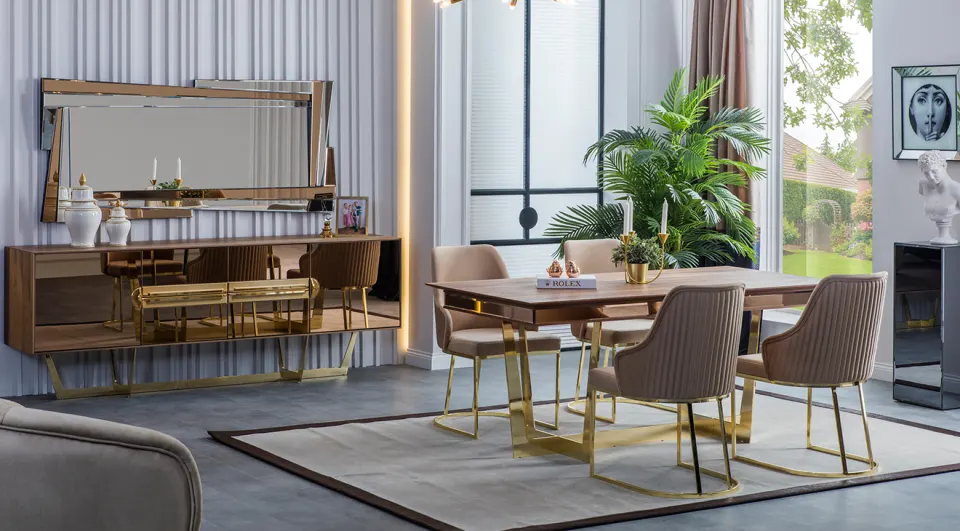 Nest Gold Metal Leg Dining Room Set(Walnut)