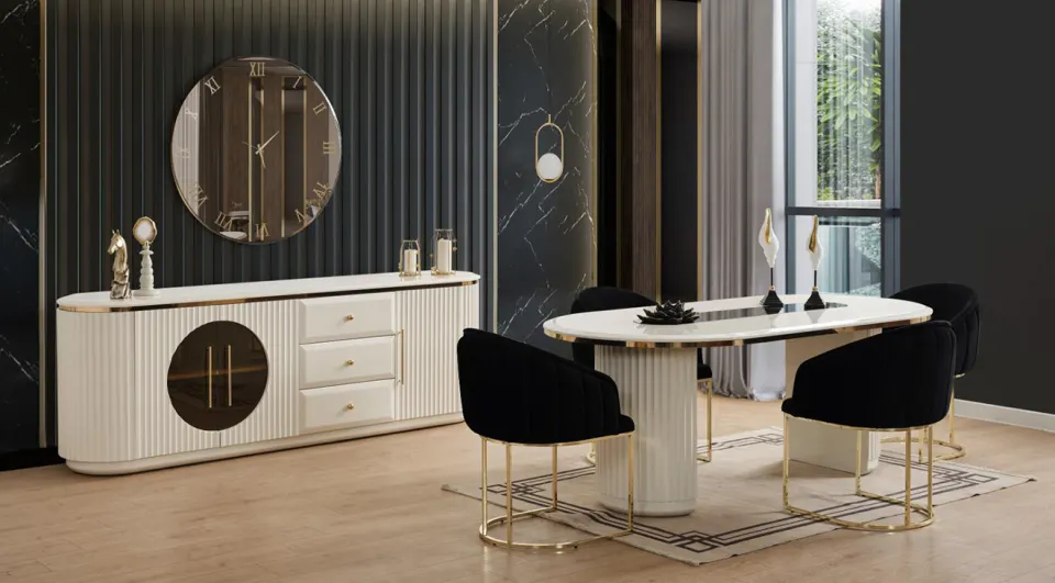 Wood Shiny Cream Color Modern Dining Room Set
