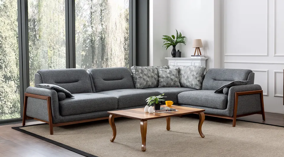 Still Wooden Leg Corner Sofa Set