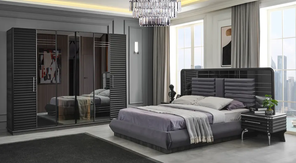 Asel Anthracite 6 Doors Bedroom Set