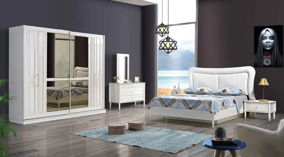 Gold White Sliding Door Bedroom Set