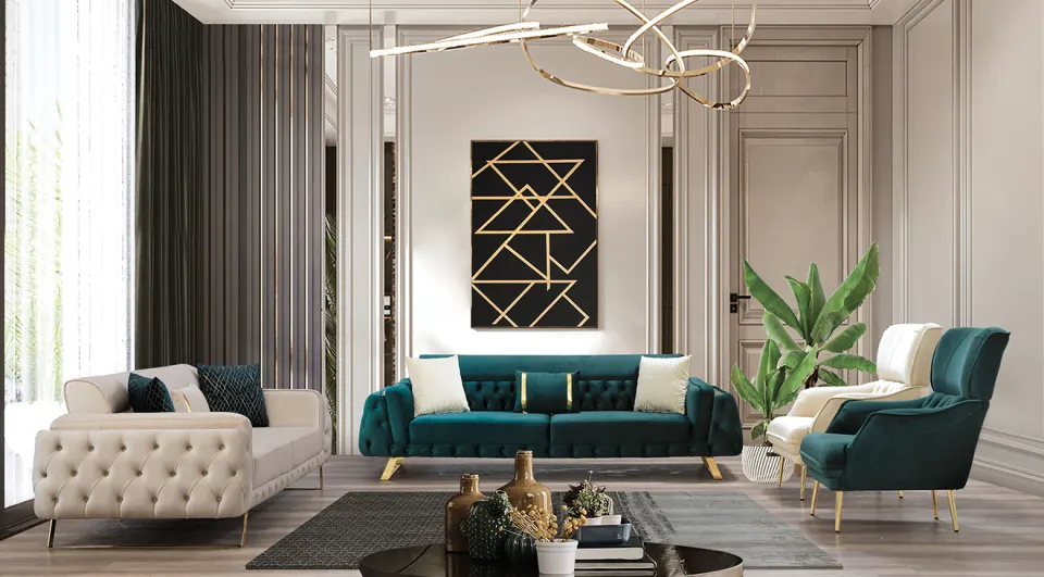 Chester  Gold Metal Leg Sofa Set