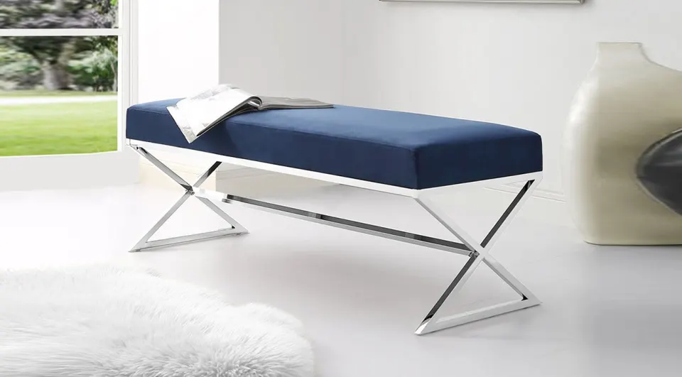 Luxury Silver Metal Leg Bench (Blue)