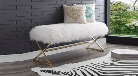Luxury Gold Metal Leg Plush Bench (White)