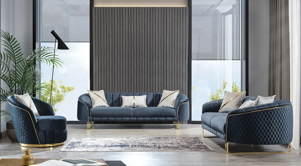 Aqua Gold Metal Leg Sofa Set