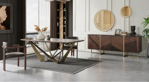 Meyra Gold Metal Leg Walnut Dining Room Set