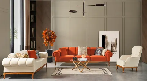 Violet Orange Wooden Leg Sofa Set