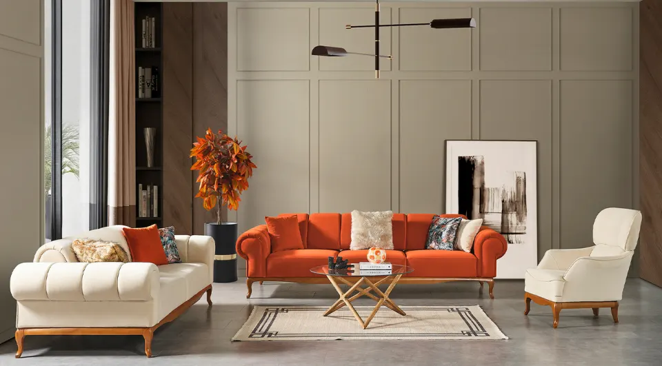 Violet Orange Wooden Leg Sofa Set