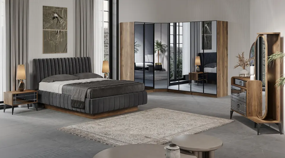 Beyoglu Walnut Corner Wardrobe Bedroom Set
