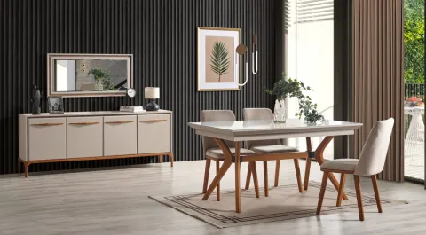 Kumsal Walnut Wooden Leg Dining Room Set