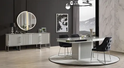 Pirlanta Silver Metal Leg Dining Room Set