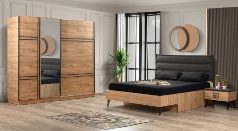 Eymen Walnut Sliding Door Bedroom Set