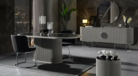 Gucci Smoke Gray Metal Leg Dining Room Set