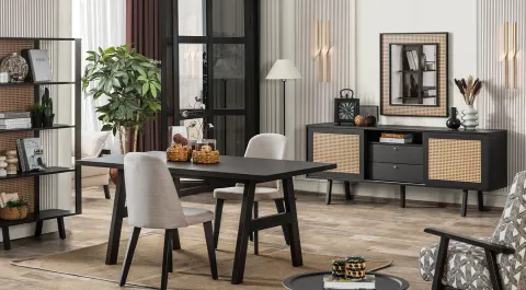 Rattan Dark Wooden Leg Dining Room Set