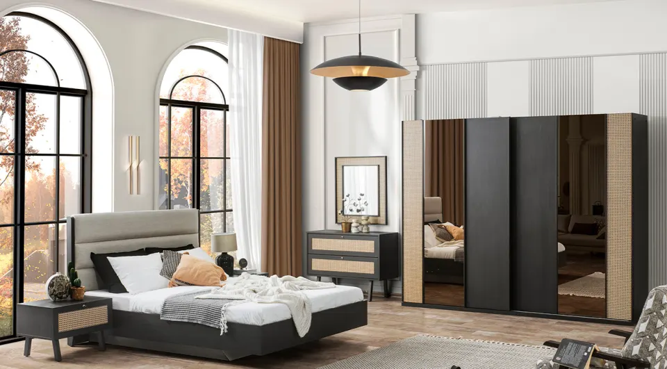 Rattan Dark Sliding Door Bedroom Set