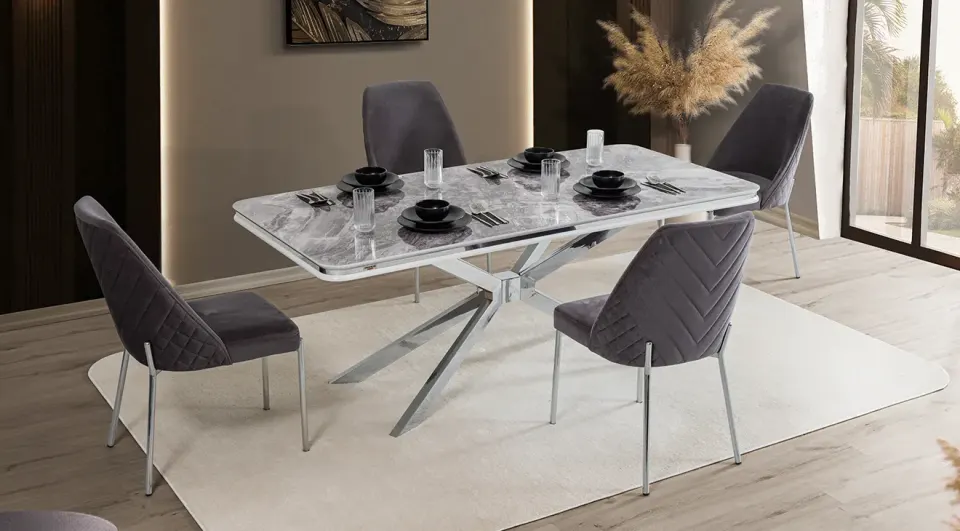 Yildiz Silver Metal Leg Dining Table