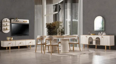 Bohem Ahşap Ayaklı Modern Yemek Odası Takımı