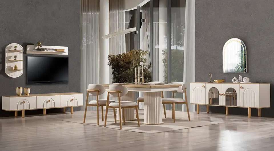 Bohem Ahşap Ayaklı Modern Yemek Odası Takımı