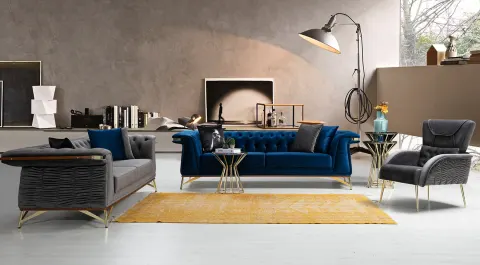Salonz Blue Metal Ayaklı Koltuk Takımı