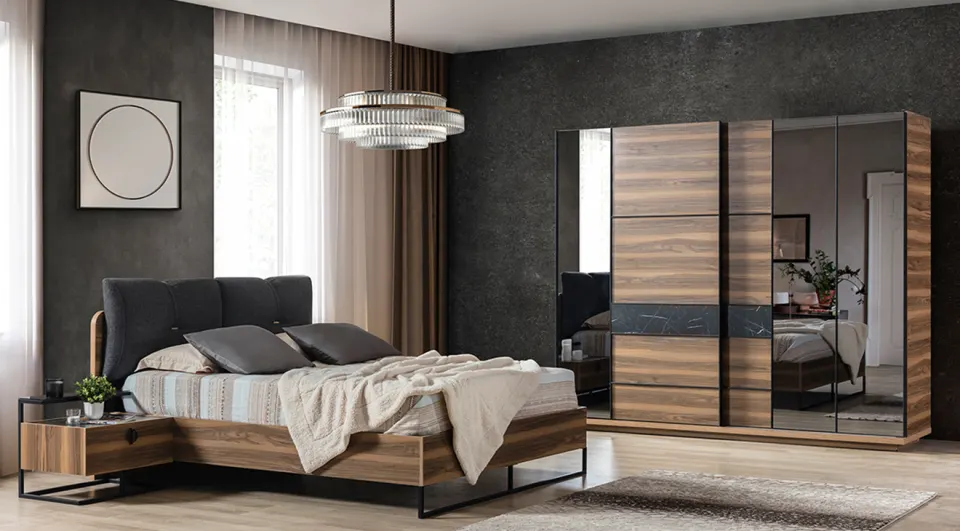 Cool Sürgü Kapaklı Metal Ayaklı Yatak Odası Takımı (Ceviz)