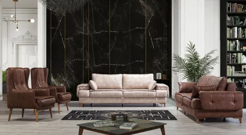 Safir Yataklı Sandıklı Ahşap Ayaklı Koltuk Takımı