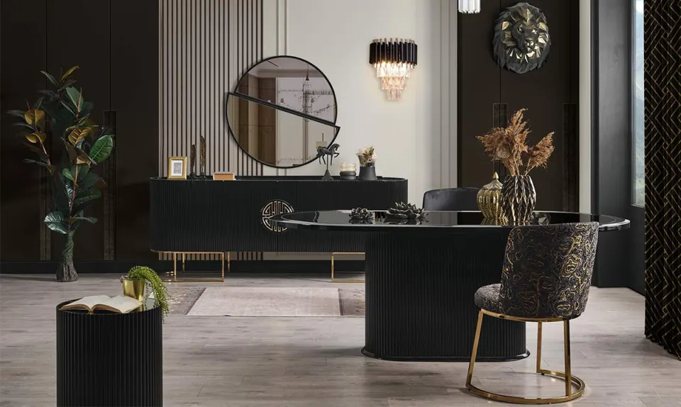 Gucci Antrasit Gold Metal Ayaklı Yemek Odası Takımı