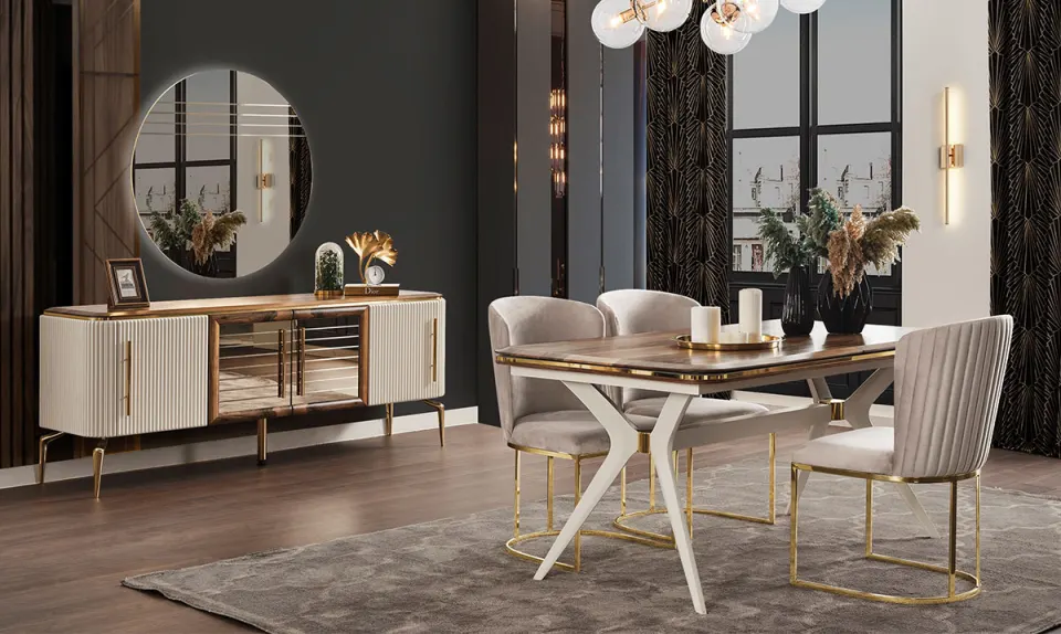 Aura Gold Metal Ayaklı Yemek Odası Takımı