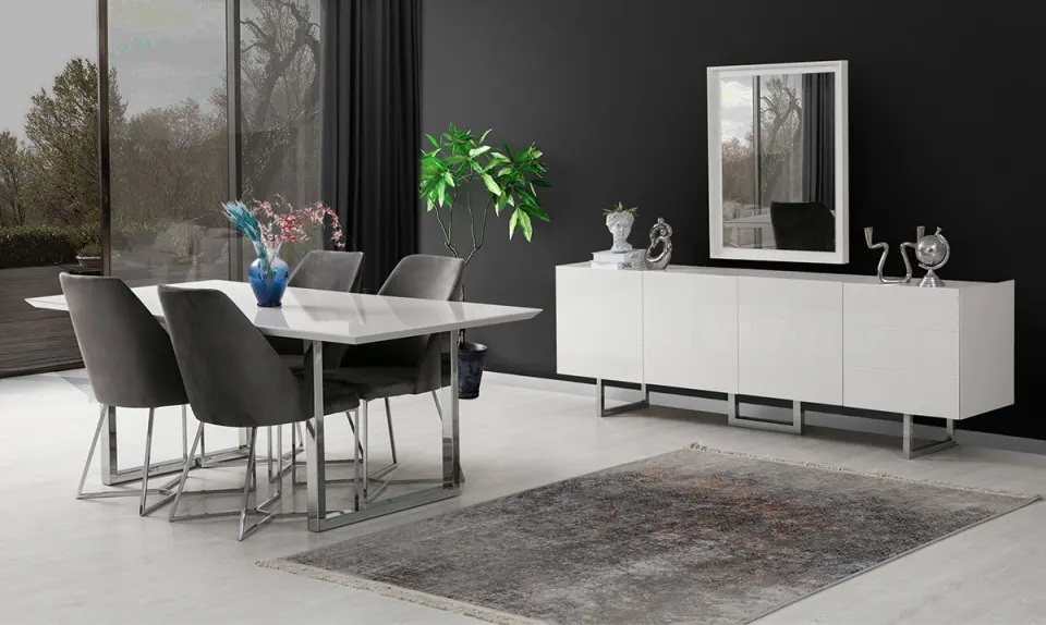 Marküteri Gümüş Metal Ayaklı Yemek Odası Takımı