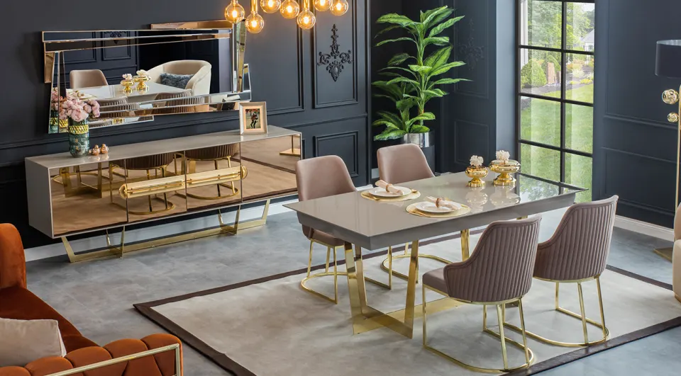 Nest Gold Metal Ayaklı Yemek Odası Takımı(Taş Gri)