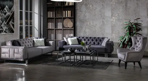 Plenty Yataklı Gümüş Metal Ayaklı Koltuk Takımı