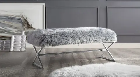 Luxury Gümüş Metal Ayaklı Peluş Bench