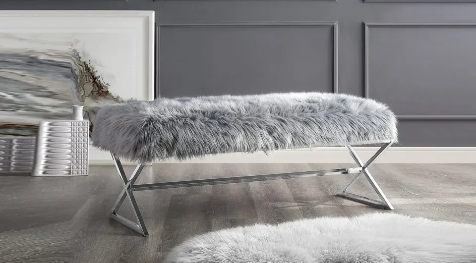 Luxury Gümüş Metal Ayaklı Peluş Bench