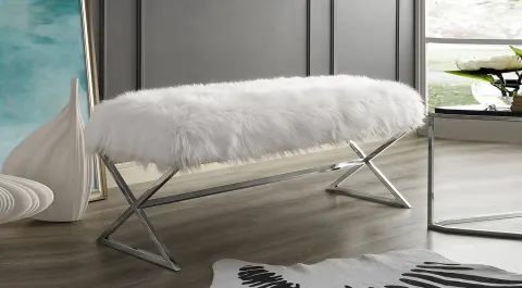 Luxury Gümüş Metal Ayaklı Peluş Bench (Beyaz)