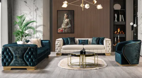 Royal Yeşil Krem Luxury Gold Metal Ayaklı Koltuk Takımı