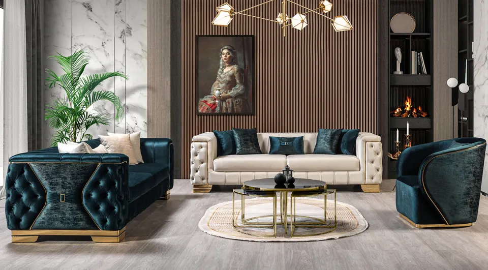 Royal Yeşil Krem Luxury Gold Metal Ayaklı Koltuk Takımı