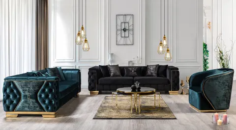 Royal Yeşil Siyah Luxury Gold Metal Ayaklı Koltuk Takımı