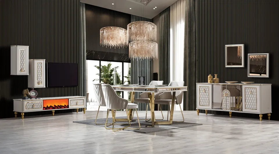 Kristal Gold Metal Ayaklı Yemek Odası Takımı